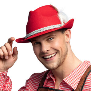 Oktoberfest Hoed Tirol rood is een rode hoed met grijze koord, witte en bruine veren en is geschikt voor mannen en vrouwen