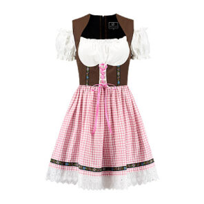 Tiroler jurk dirndl bruin geruit is bovenaan bruin met een geruite roze rok