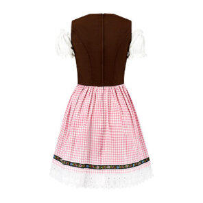 Tiroler jurk dirndl bruin geruit is bovenaan bruin met een geruite roze rok