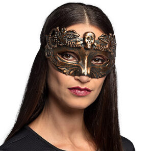 Steampunk oogmasker golden master is een gouden oogmasker met schedel in steampunk stijl