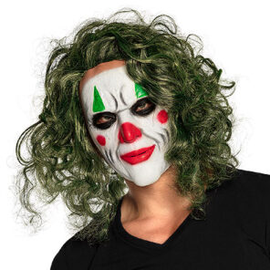 Masker schurk the joker is een latex gezichtsmasker geschminkt als the joker met halflang groen golvend haar