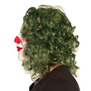 Masker schurk the joker is een latex gezichtsmasker geschminkt als the joker met halflang groen golvend haar